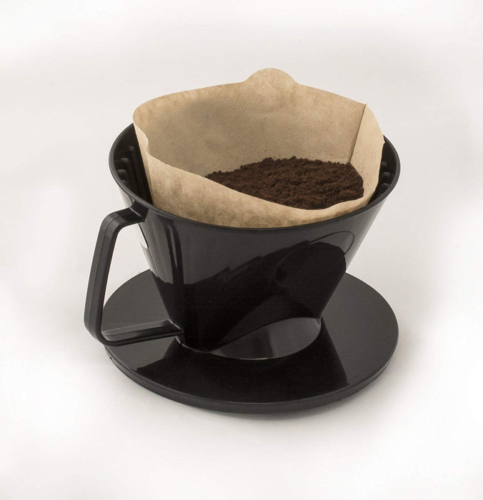 pour over plastic coffee filter number 1 size black with coffee grounds and paper filter