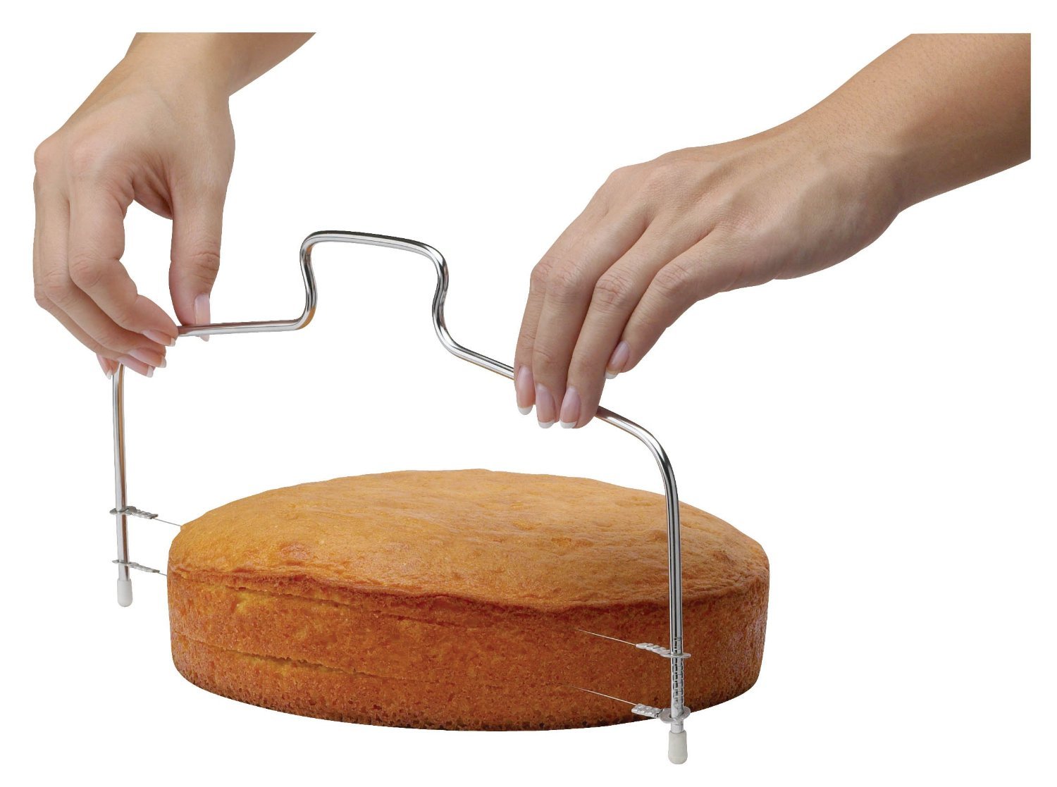 2 layer wire cake cutter cutting a cake with two hands holding it