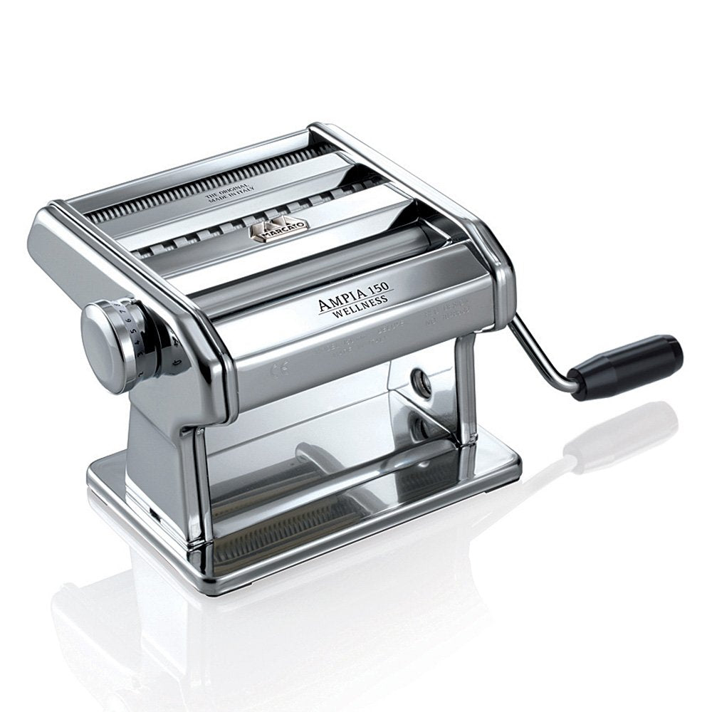Marcato Atlas Ampia Pasta Machine, Made In Italy, Chrome Plated Steel, Silver, Includes Pasta Cutter, Hand Crank, & Instructions