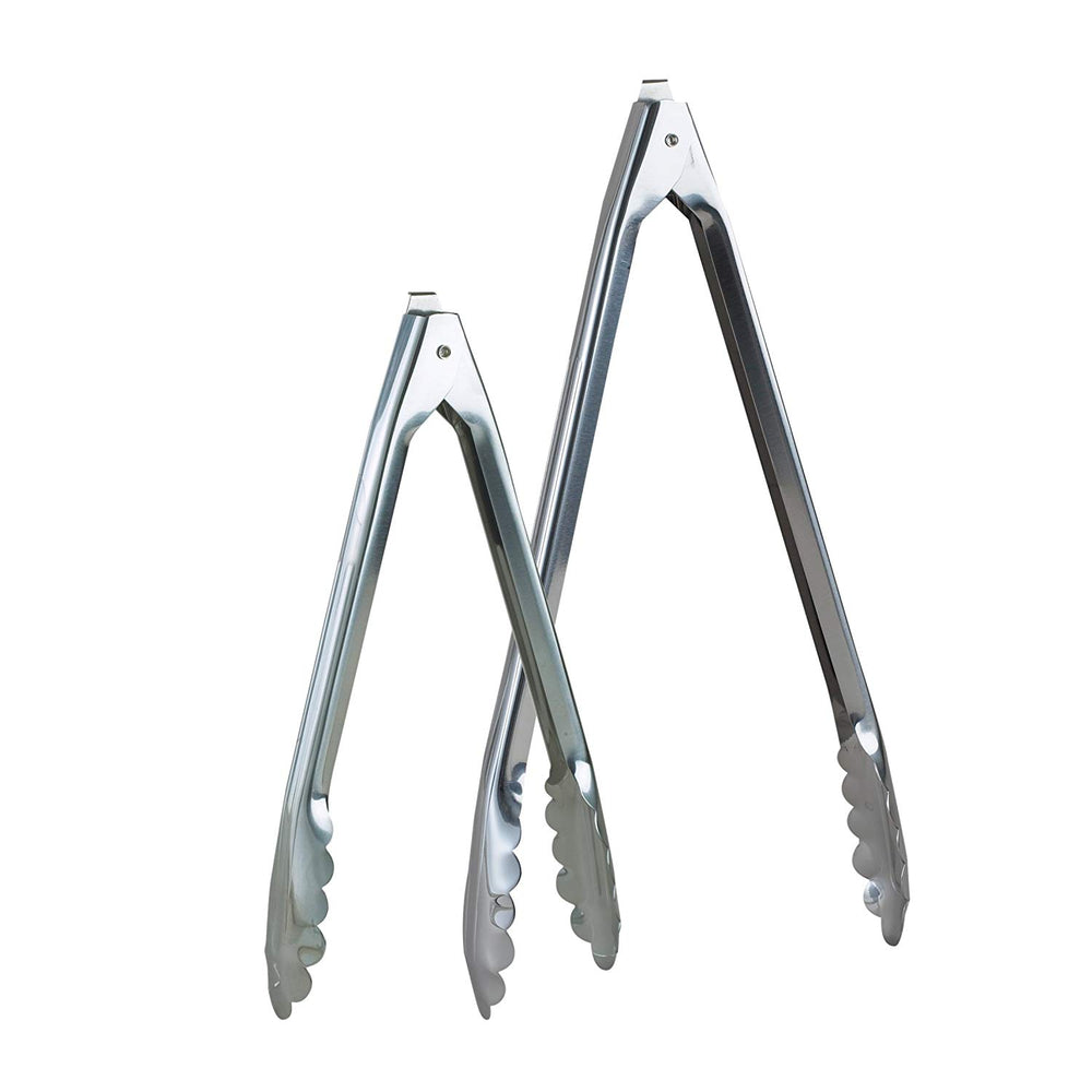 HIC Spring Locking Food Tongs for Kitchen and Barbecue, Scalloped Gripping Edge, Stainless Steel, Set of 2, 10-Inch and 12-Inch