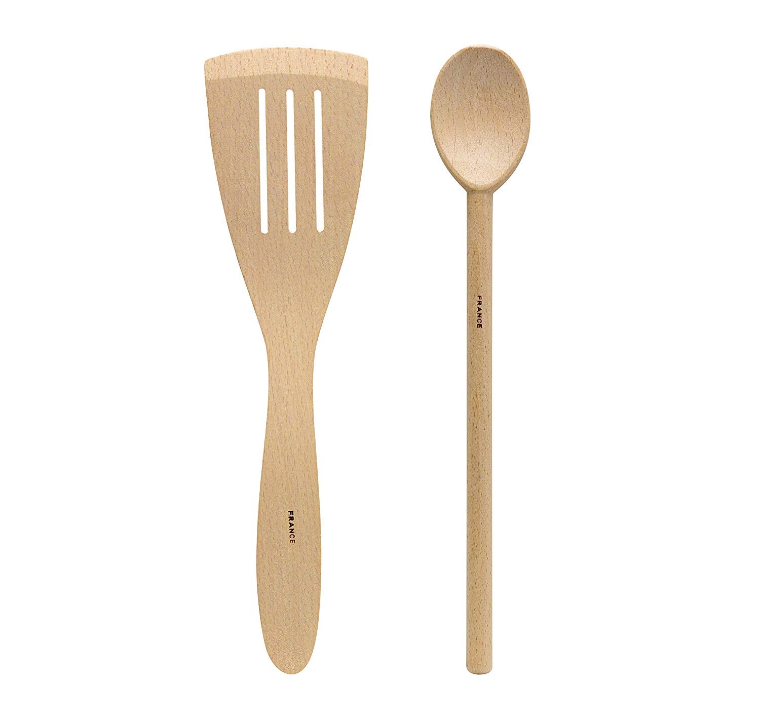 HIC French Beechwood Classic Spoon and Slotted Spatula, Made in France, 12-Inch, Set of 2
