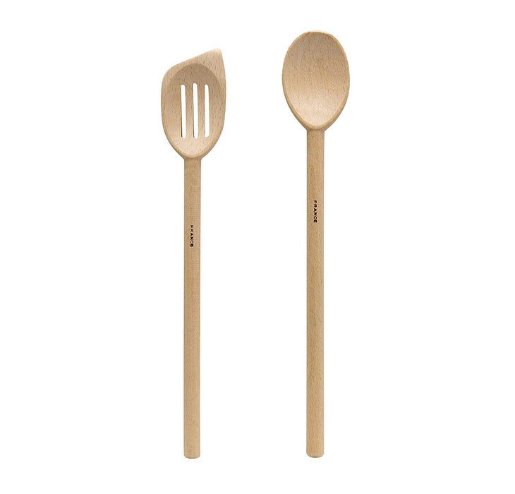 HIC French Beechwood Classic Slotted Slanted Spoon, Made in France, 12-Inch, Set of 2