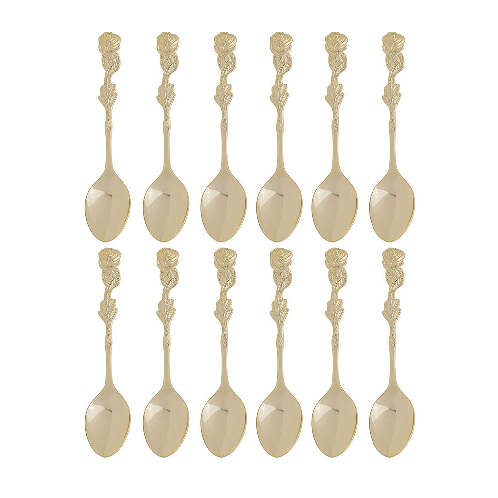 HIC Gold Plated Stainless Steel, Demi Spoon Set, Rose Design, Set of 12