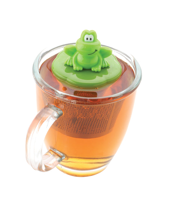 floating ribbit frog tea strainer in clear tea mug